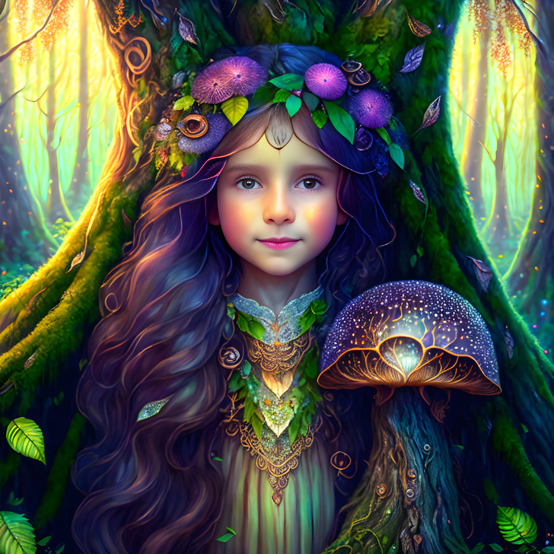 Young girl with wavy hair and leaf crown holding illuminated mushroom in enchanted forest