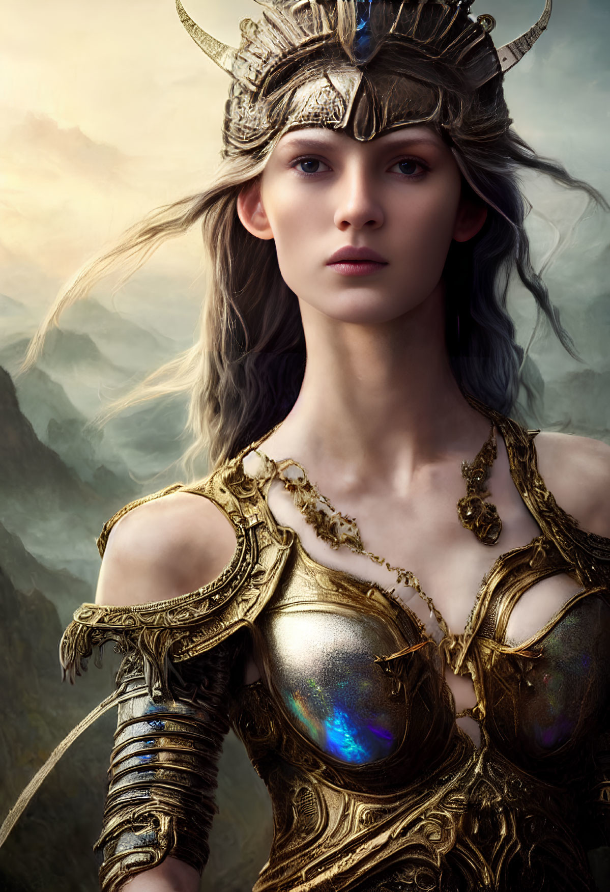 Regal woman in golden armor with horned headdress before mountainous backdrop