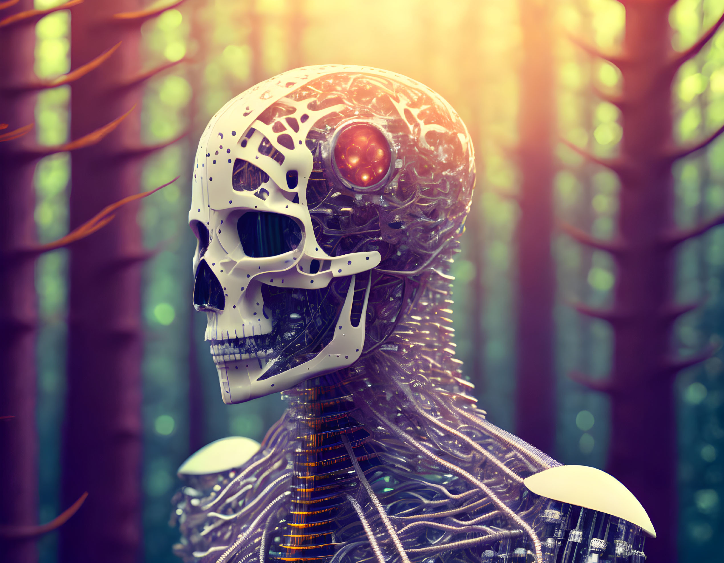 Patterned Robotic Skull with Glowing Eye in Forest Setting