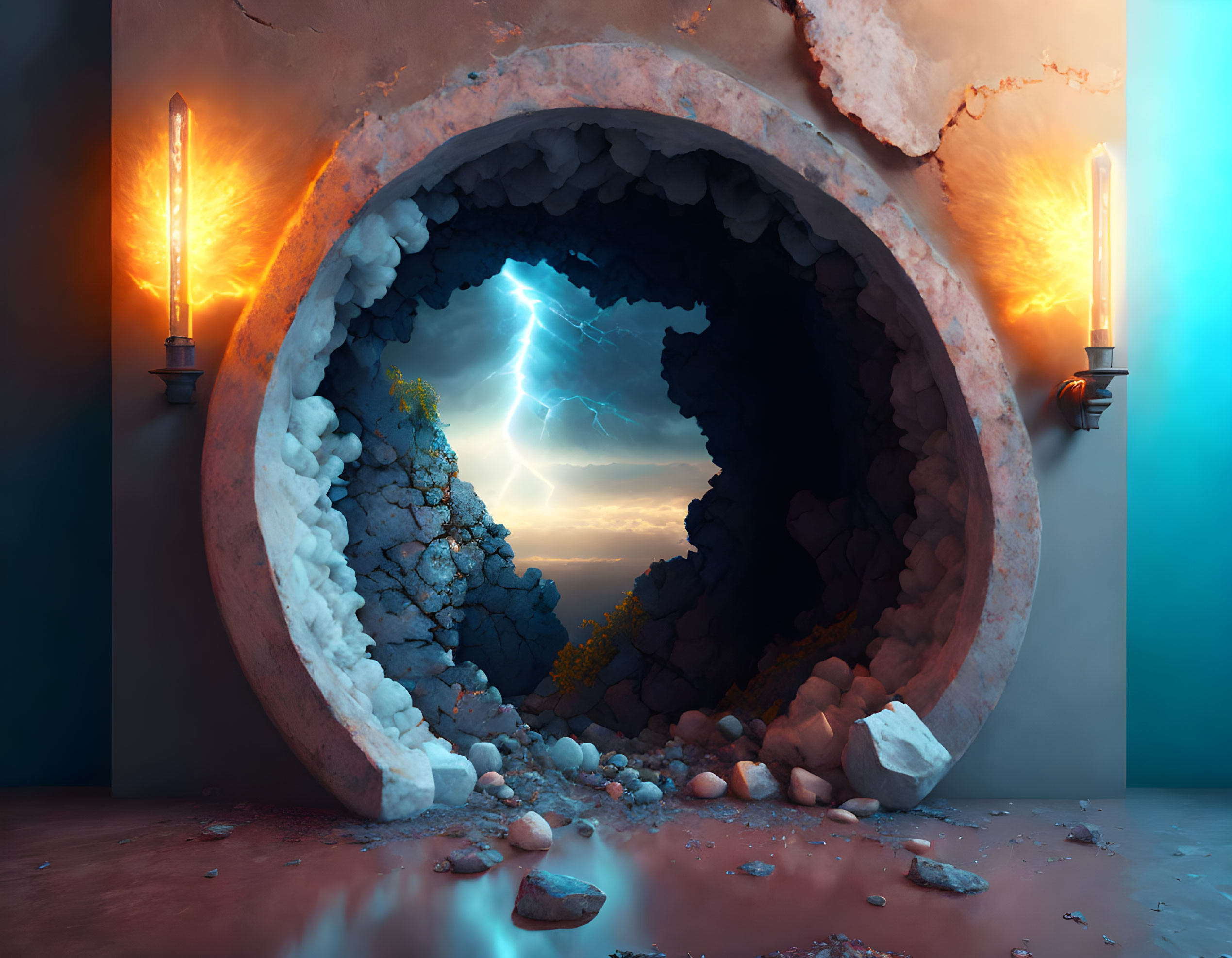 Circular surreal portal with stormy scene, lit torches, and reflective floor.