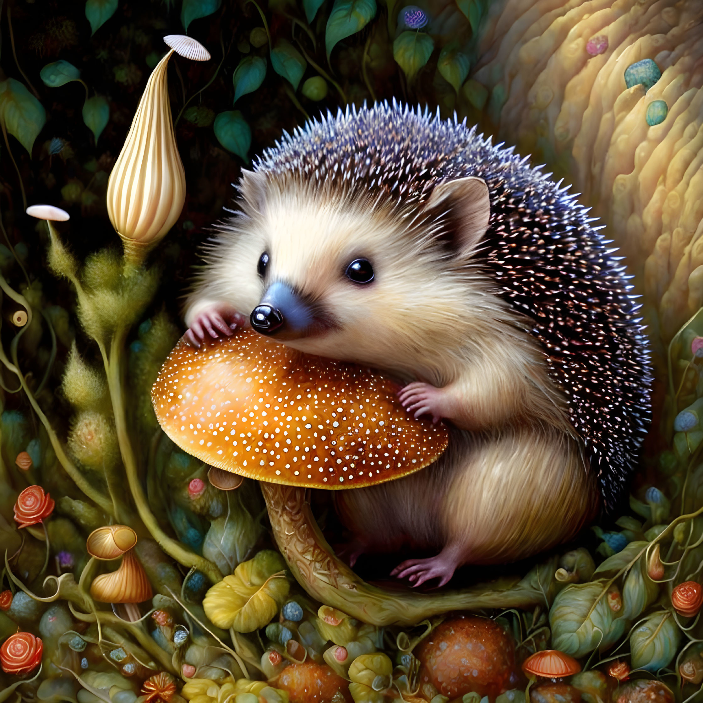 Whimsical forest scene with hedgehog and mushroom surrounded by snails