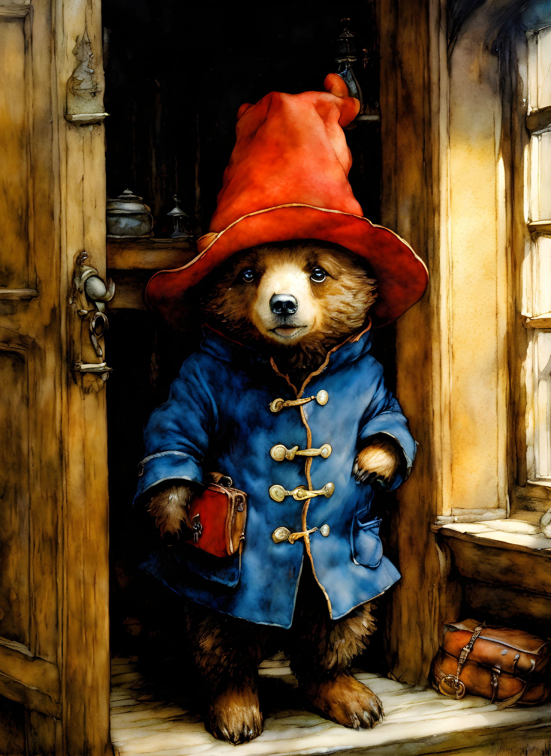 Bear in red hat and blue coat with suitcase in antique room