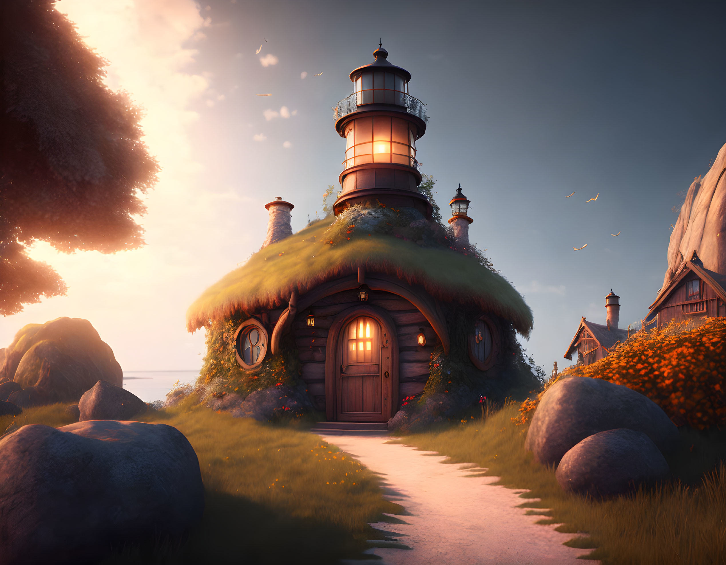 Whimsical cottage with lighthouse top in serene twilight landscape