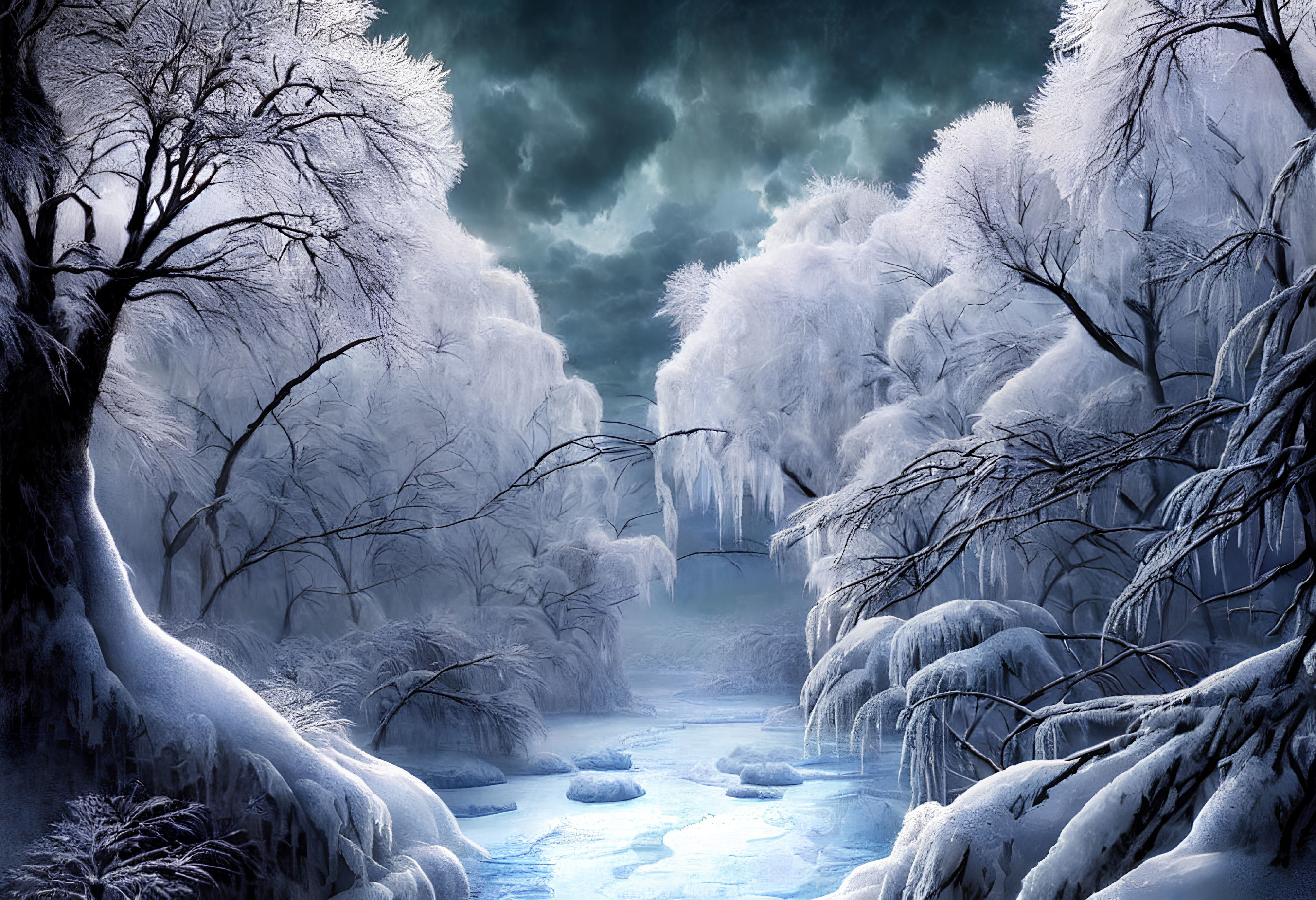 Snow-covered trees and frozen river in serene winter night scene