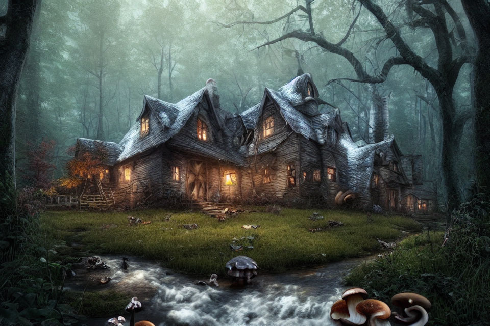 Enchanting multi-peaked cottage in misty forest with stream