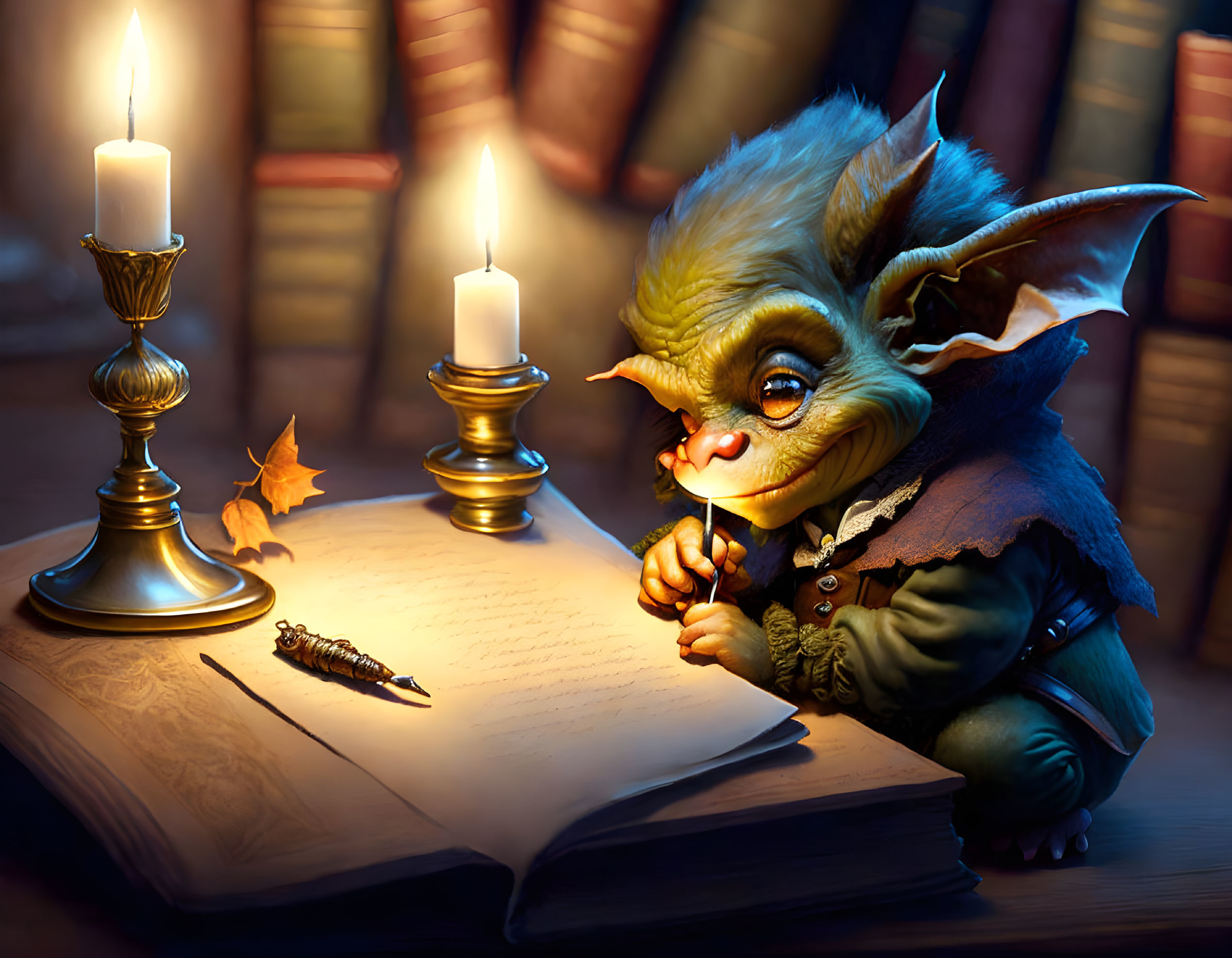 Whimsical green goblin reading book by candlelight surrounded by ancient tomes