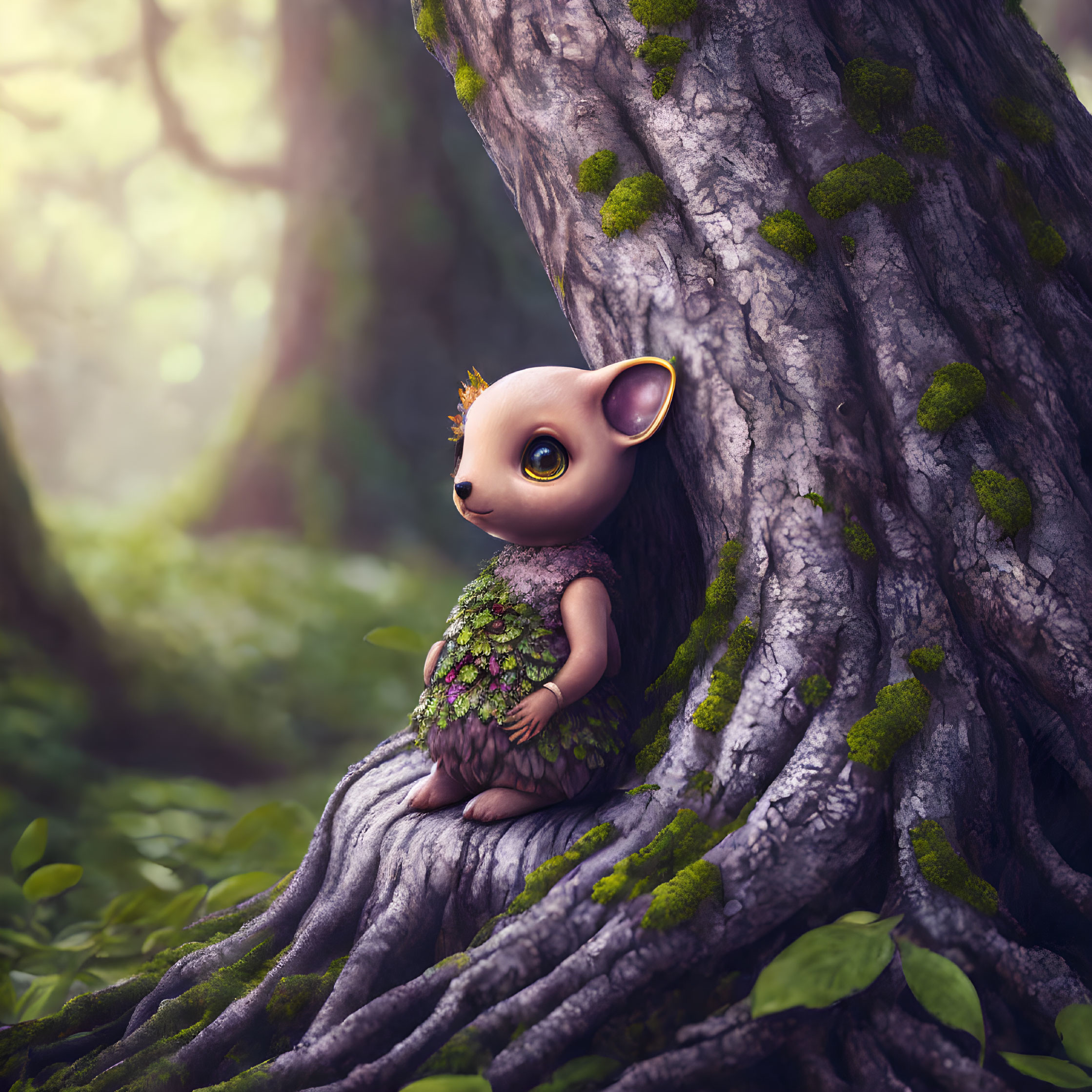 Whimsical creature with large eyes and ears in lush forest scene