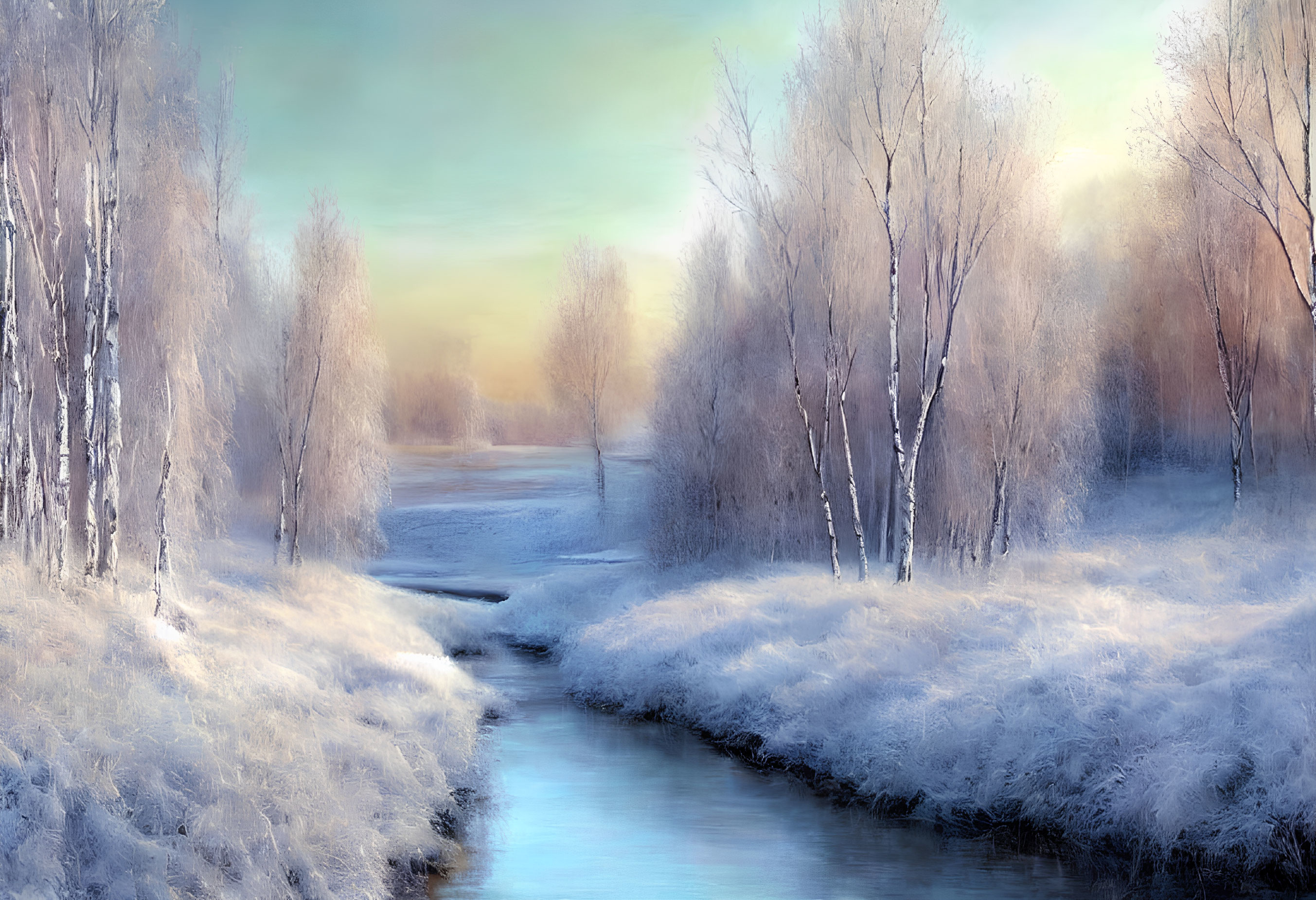 Tranquil Winter Landscape with Frost-Covered Trees