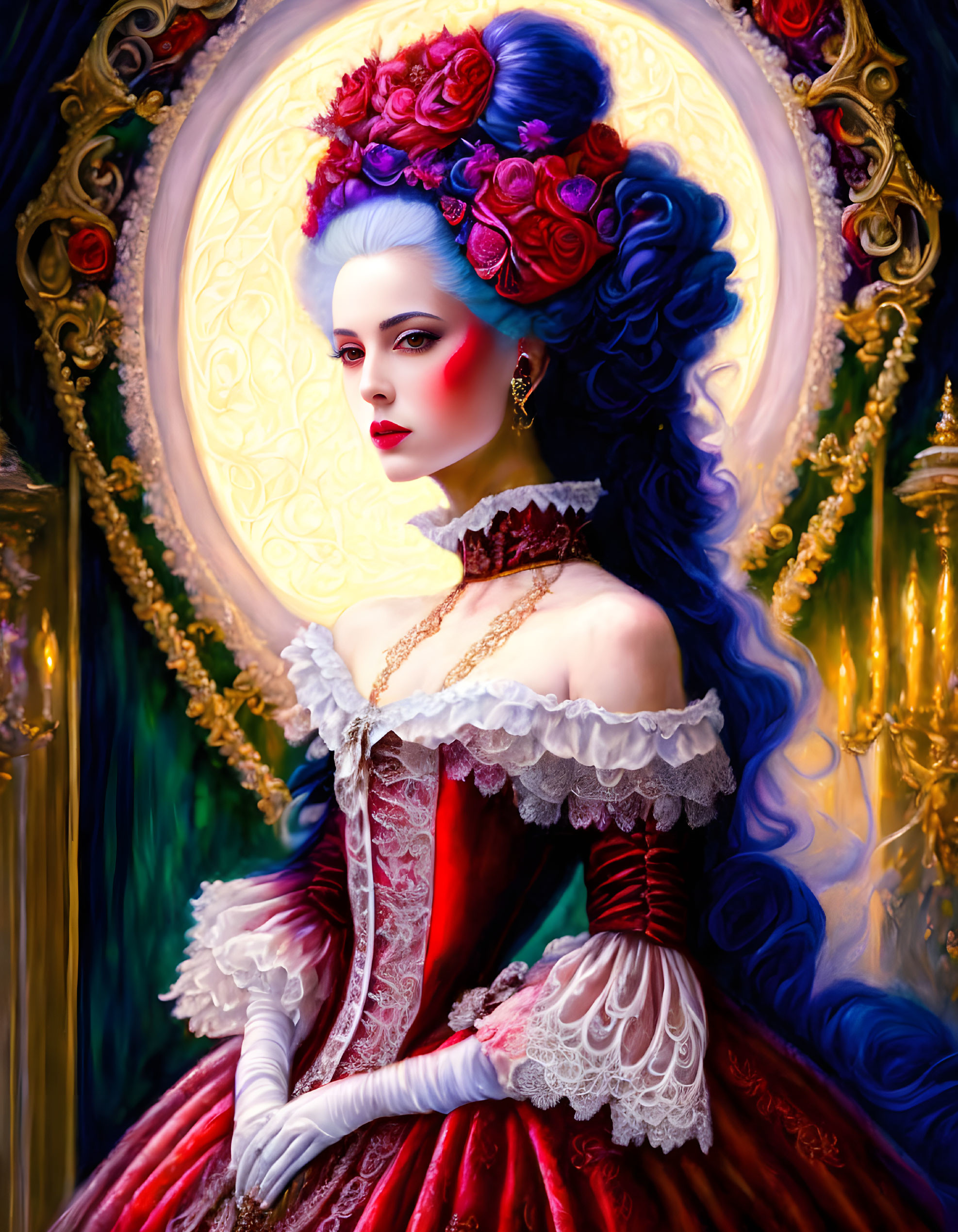 Pastel blue hair lady in red and white dress with red flowers, golden mirror and candles.