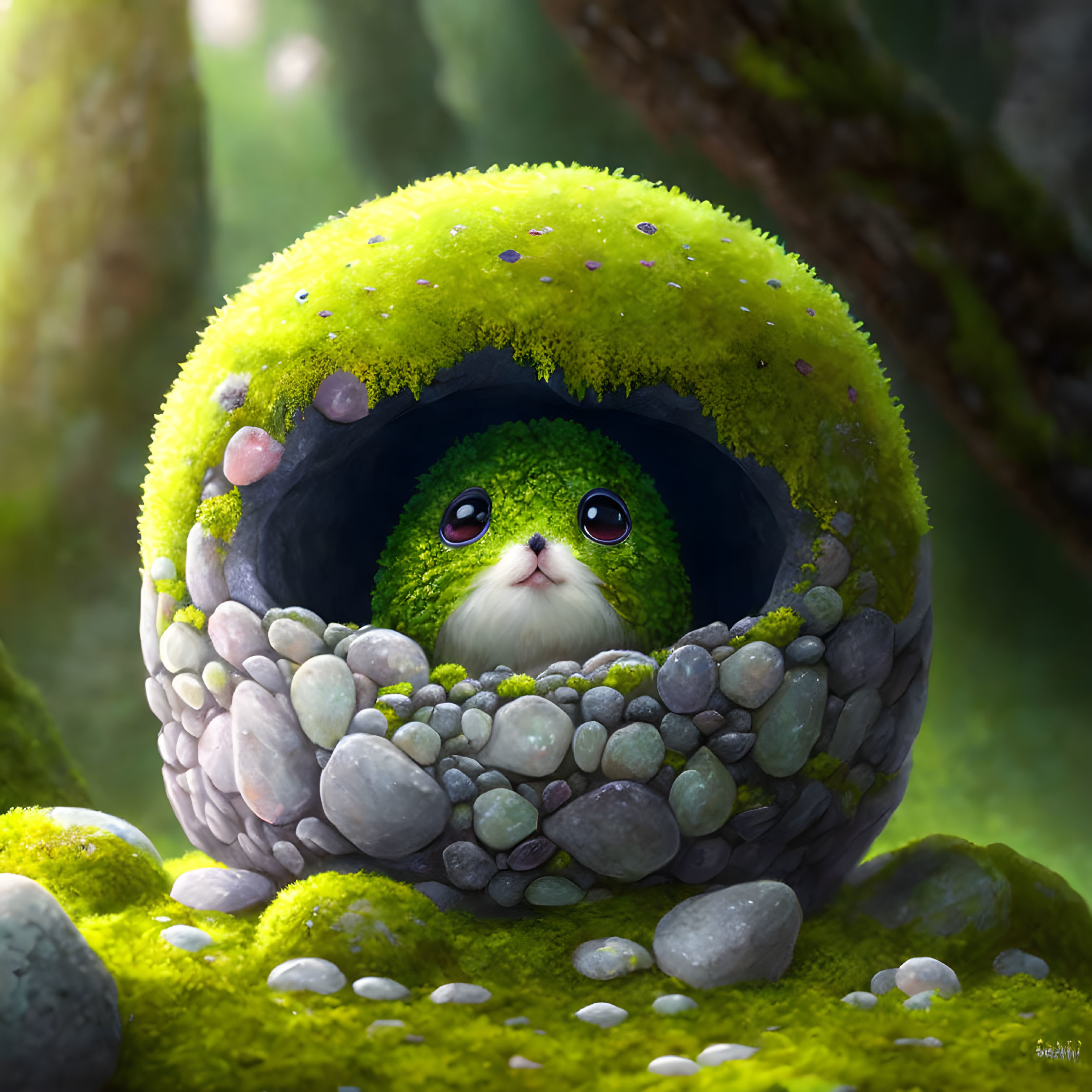 Adorable green creature in mossy hollow with expressive eyes