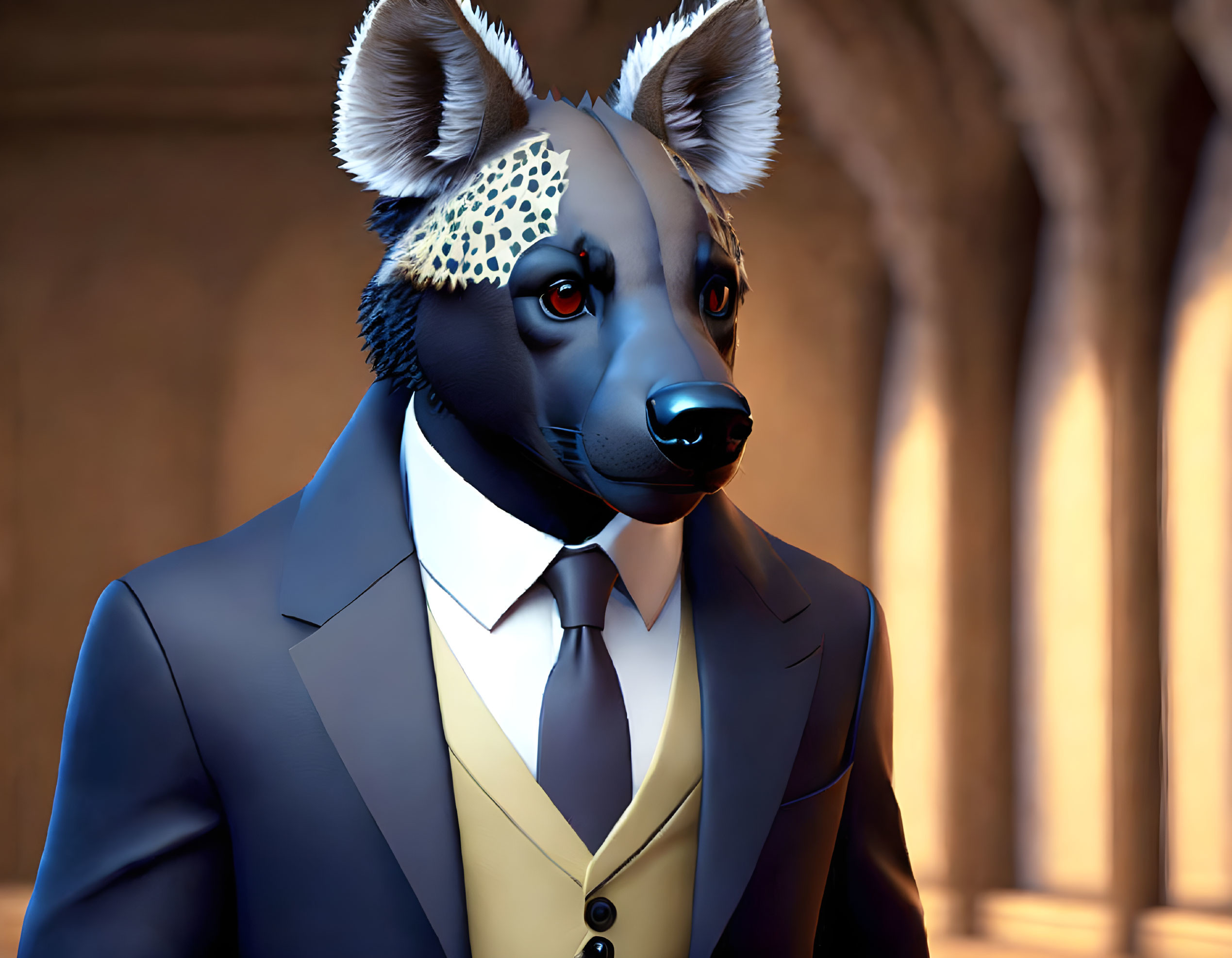 Anthropomorphic hyena in suit and tie in dimly lit classical hall