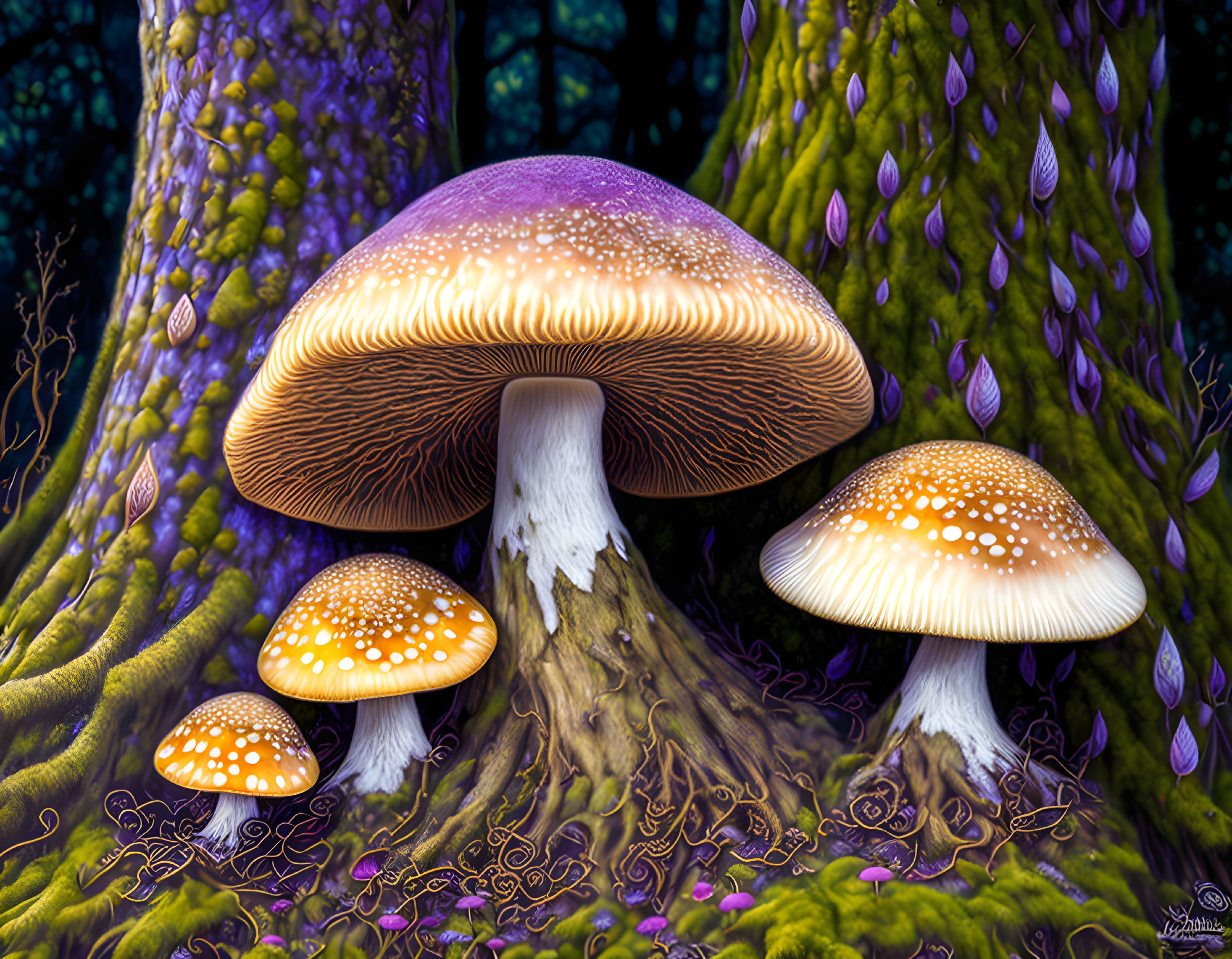 Detailed mythical mushrooms in vibrant digital art