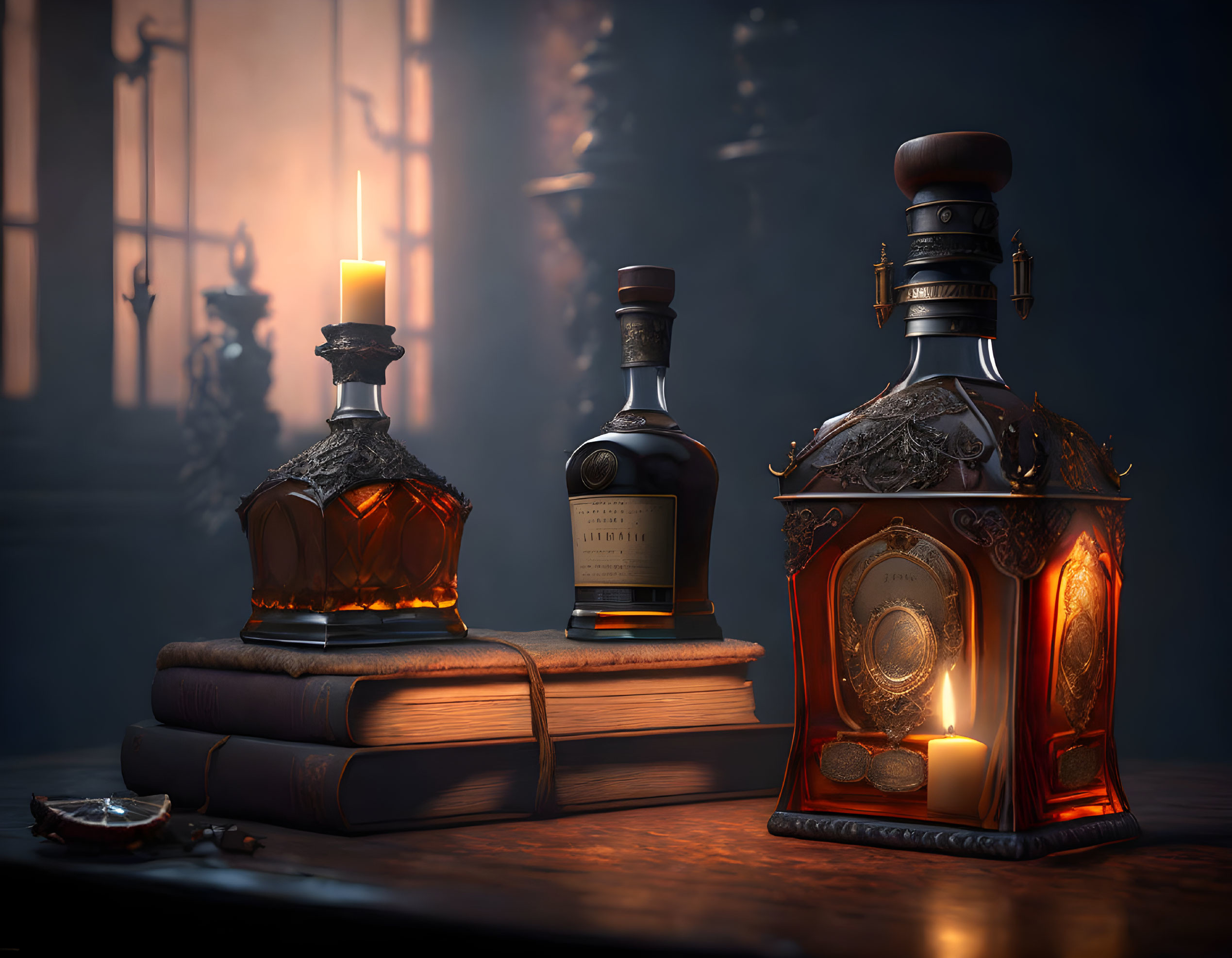 Ornate whiskey bottles on vintage table with books and candle