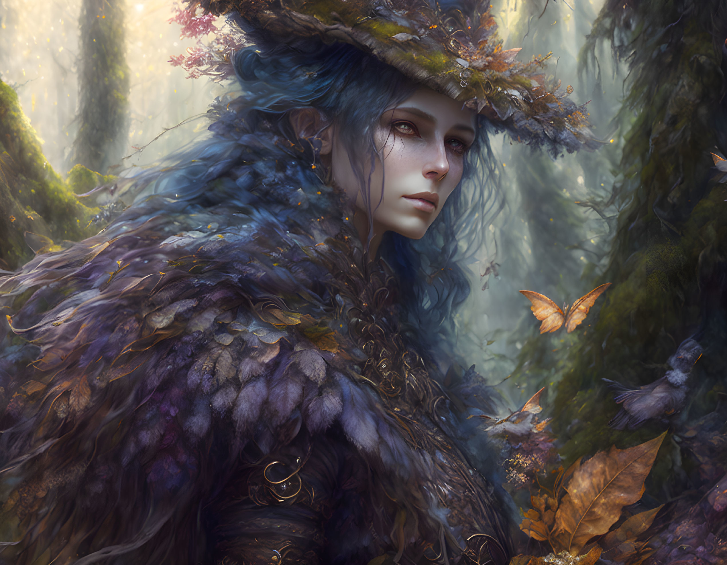 Blue-skinned figure in feathered cloak and hat surrounded by butterflies in mystical forest setting