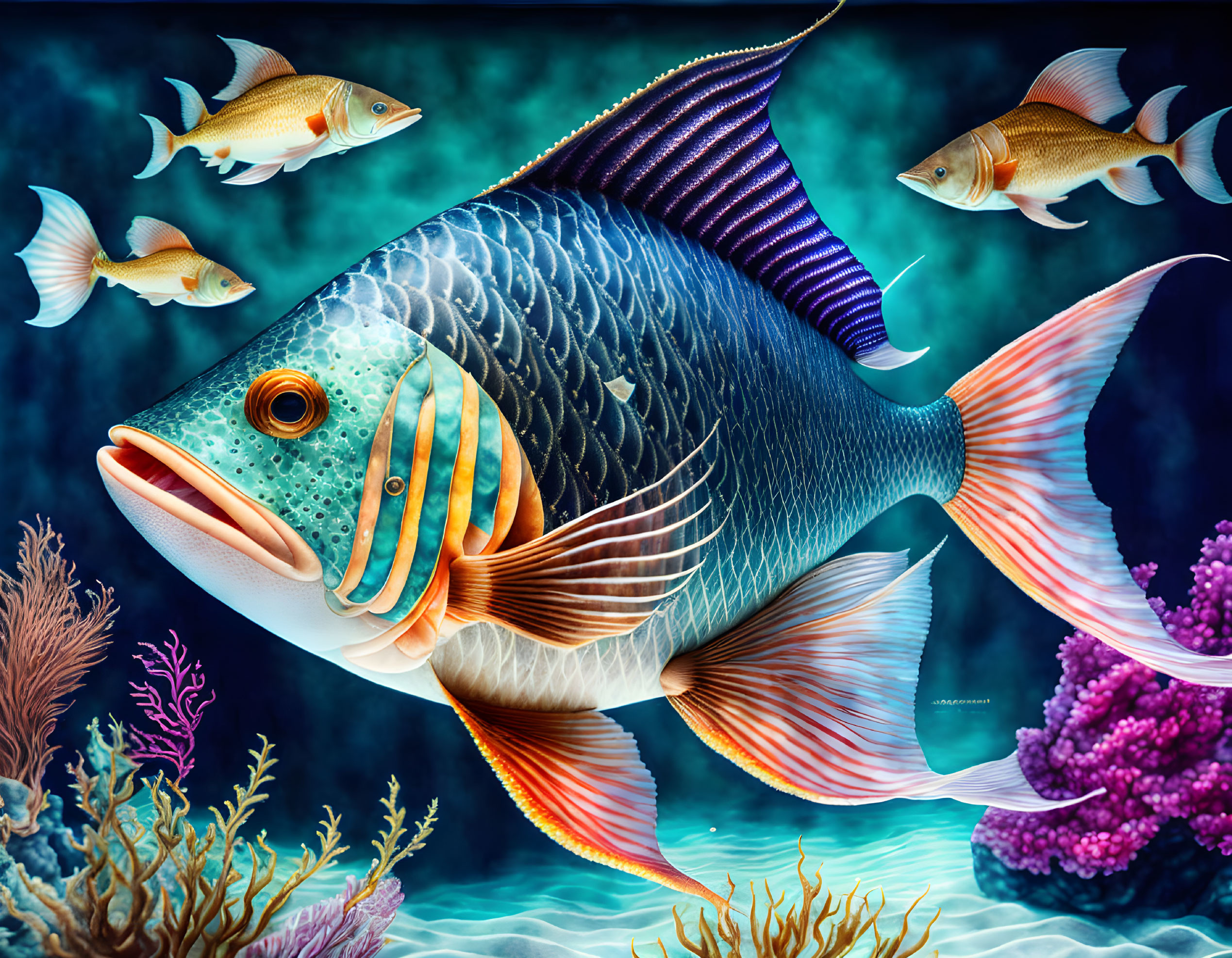 Colorful Fish Illustration Surrounded by Coral and Ocean