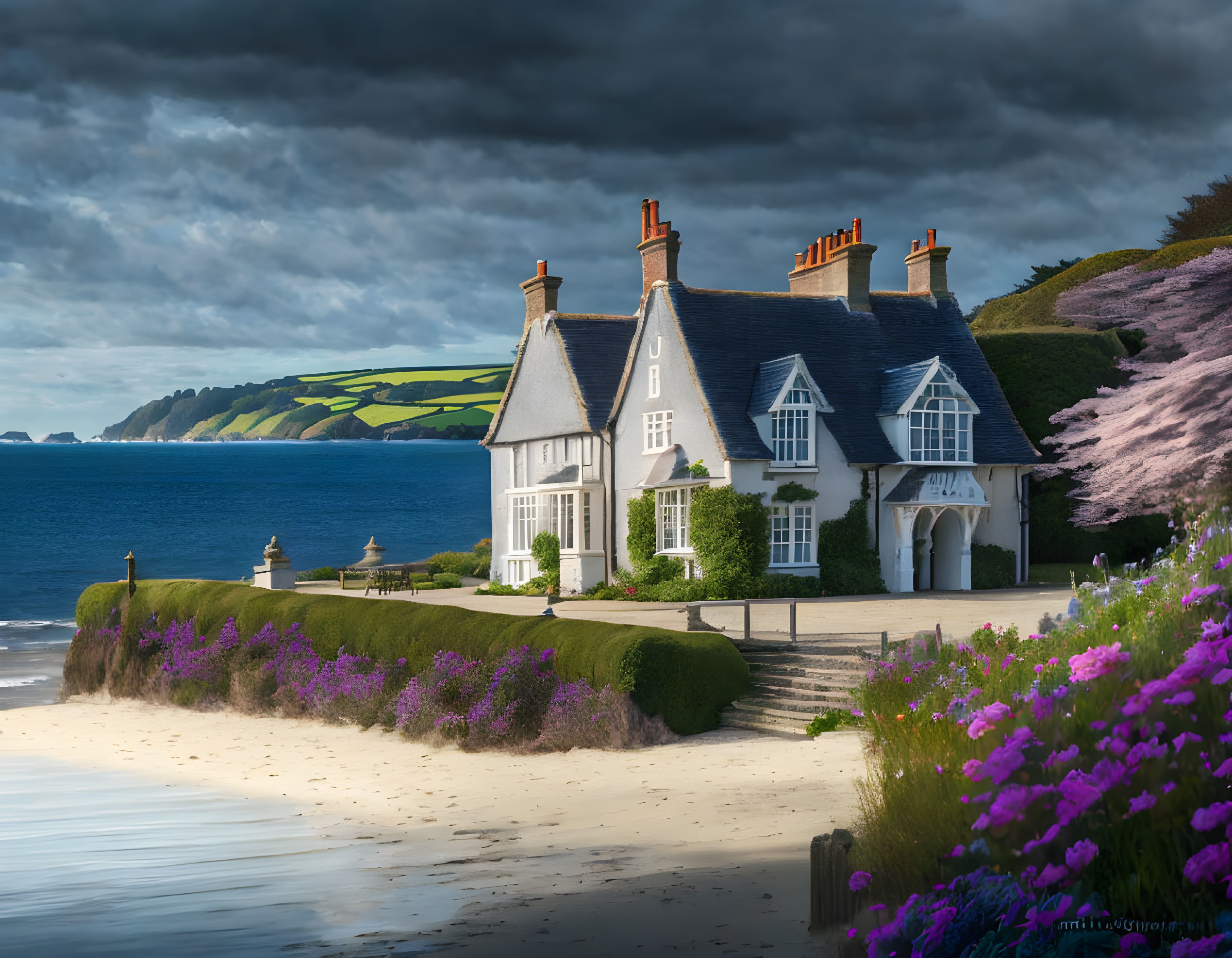 White Coastal House with Red Roofs Surrounded by Purple Flowers and Beach View