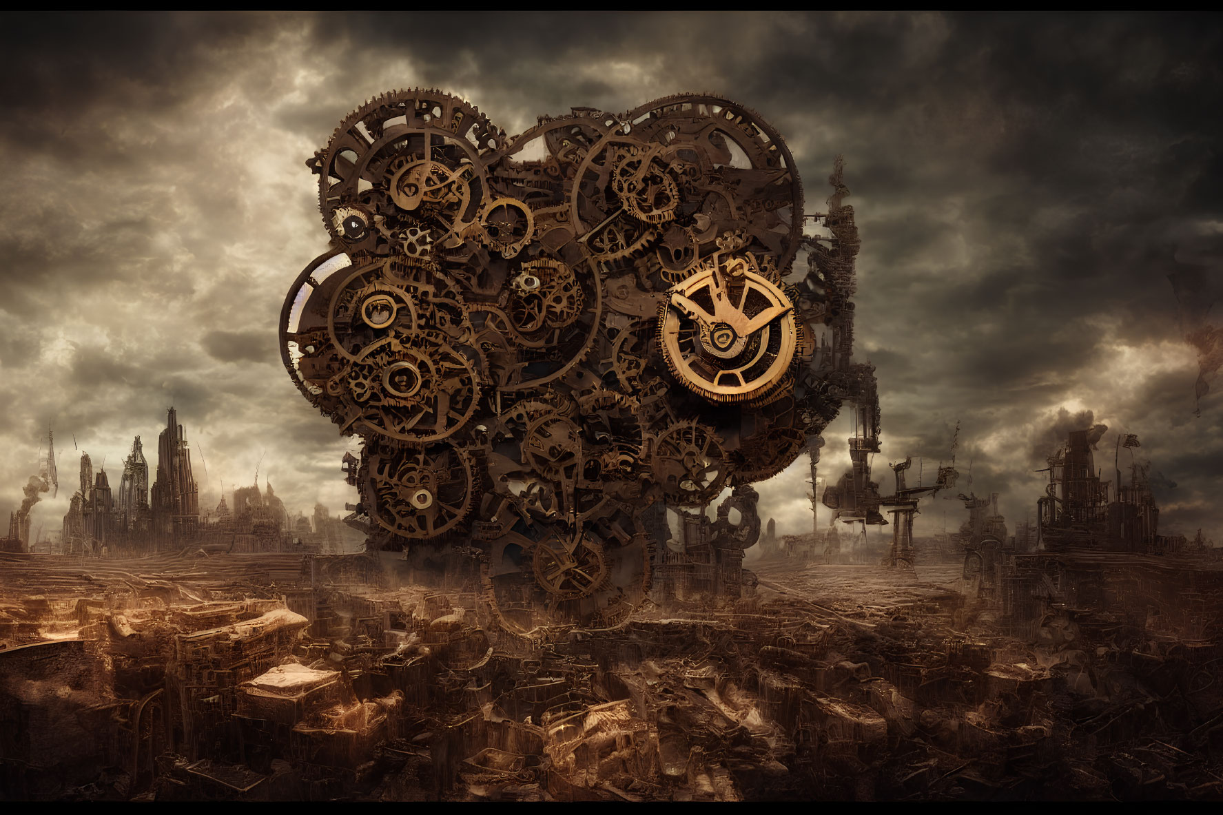 Dystopian landscape with cogwheel clouds, ruins, and industrial towers