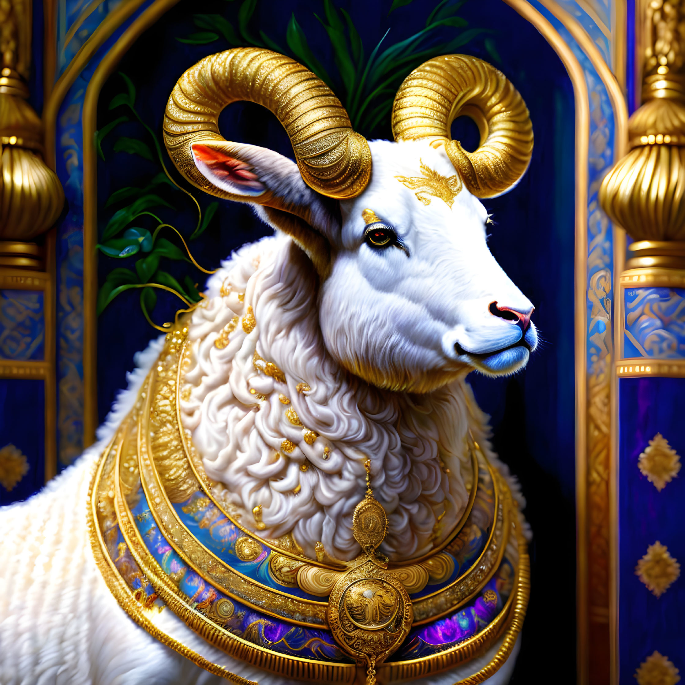 Golden-Horned Ram with Regal Necklace on Blue and Gold Background