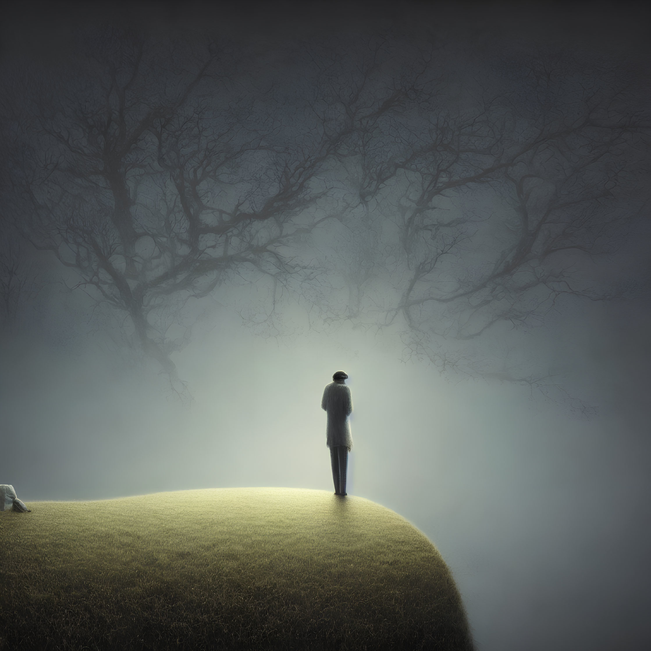 Solitary figure on grassy hill under bare tree canopy in foggy light