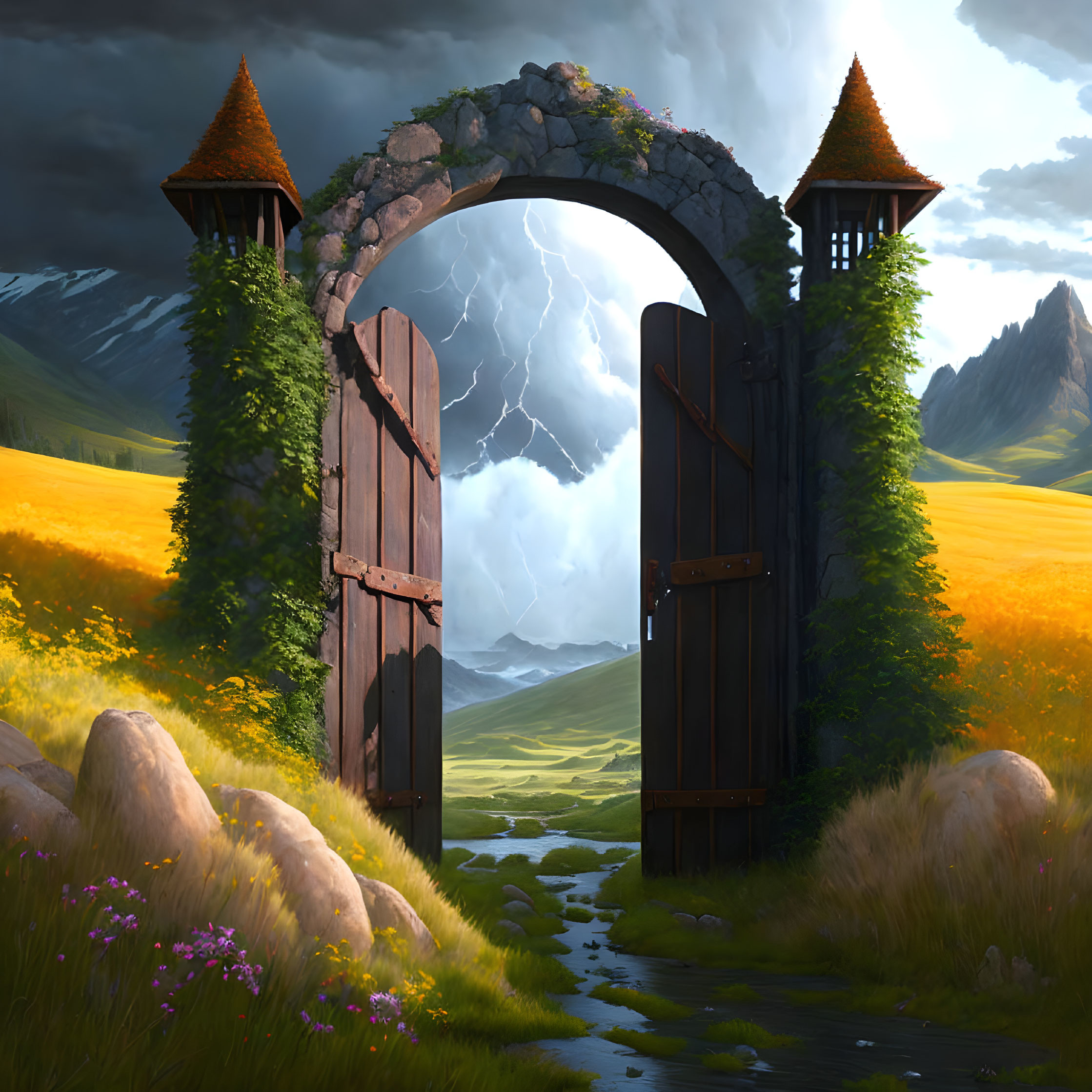 Majestic open gate with towers on vibrant meadow under stormy skies