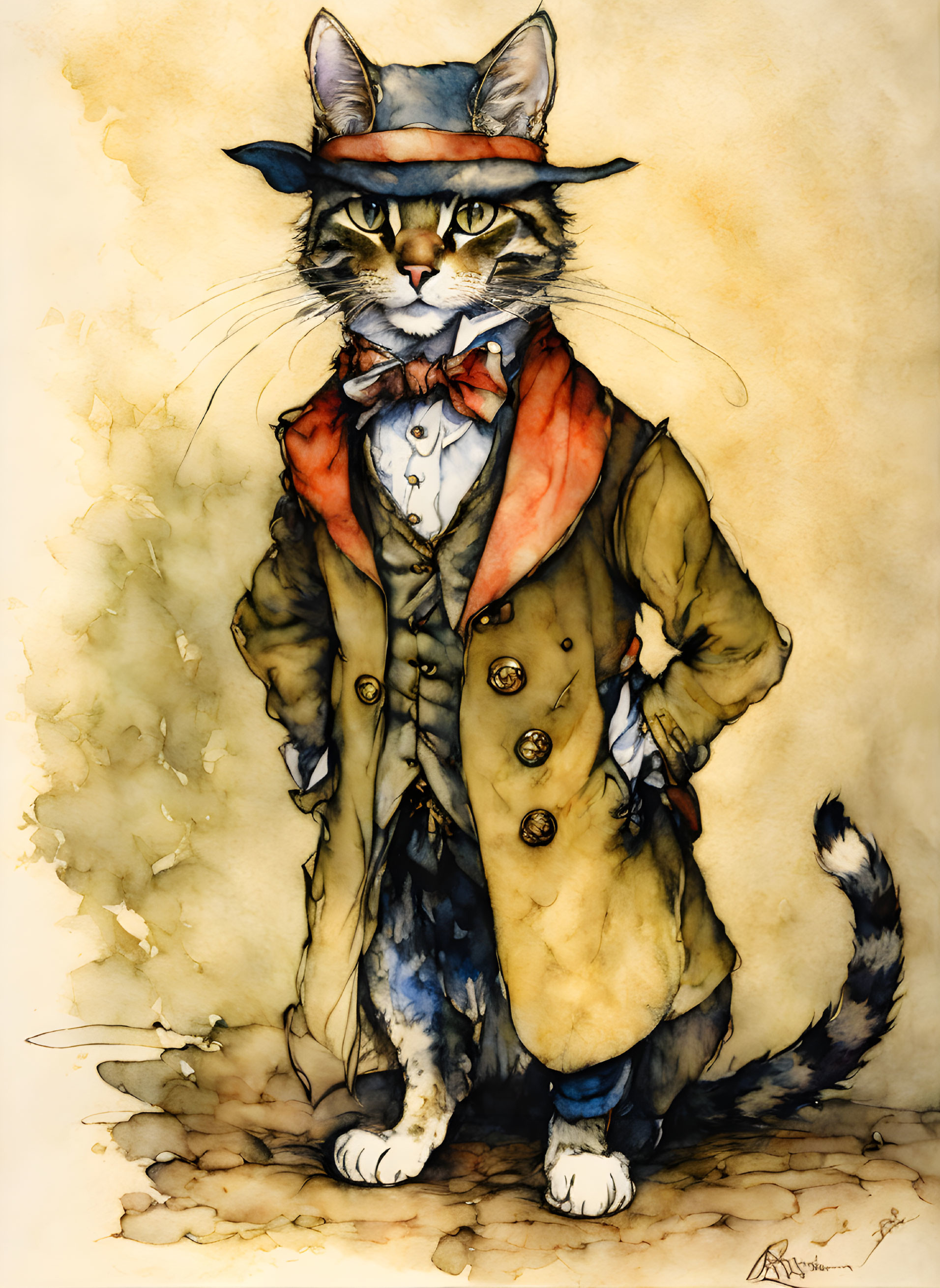 Anthropomorphic cat in Victorian attire with bow tie, overcoat, and top hat.