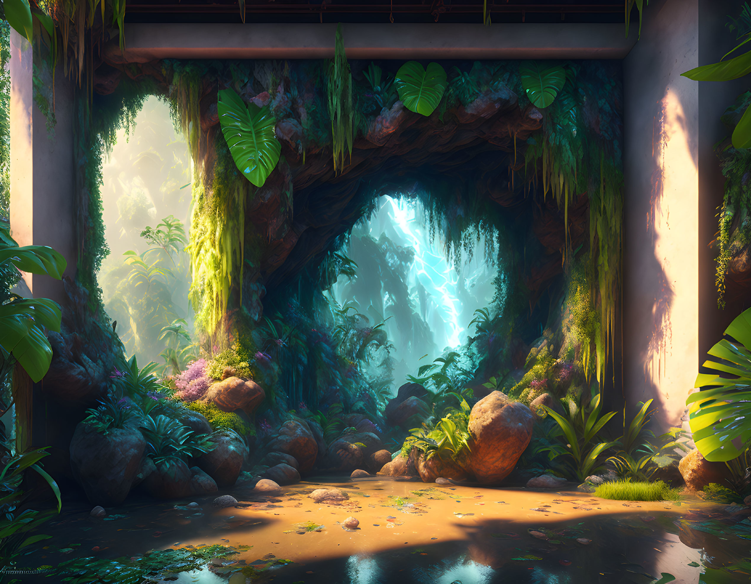 Sunlit clearing in jungle scene with cave entrance and tranquil water.