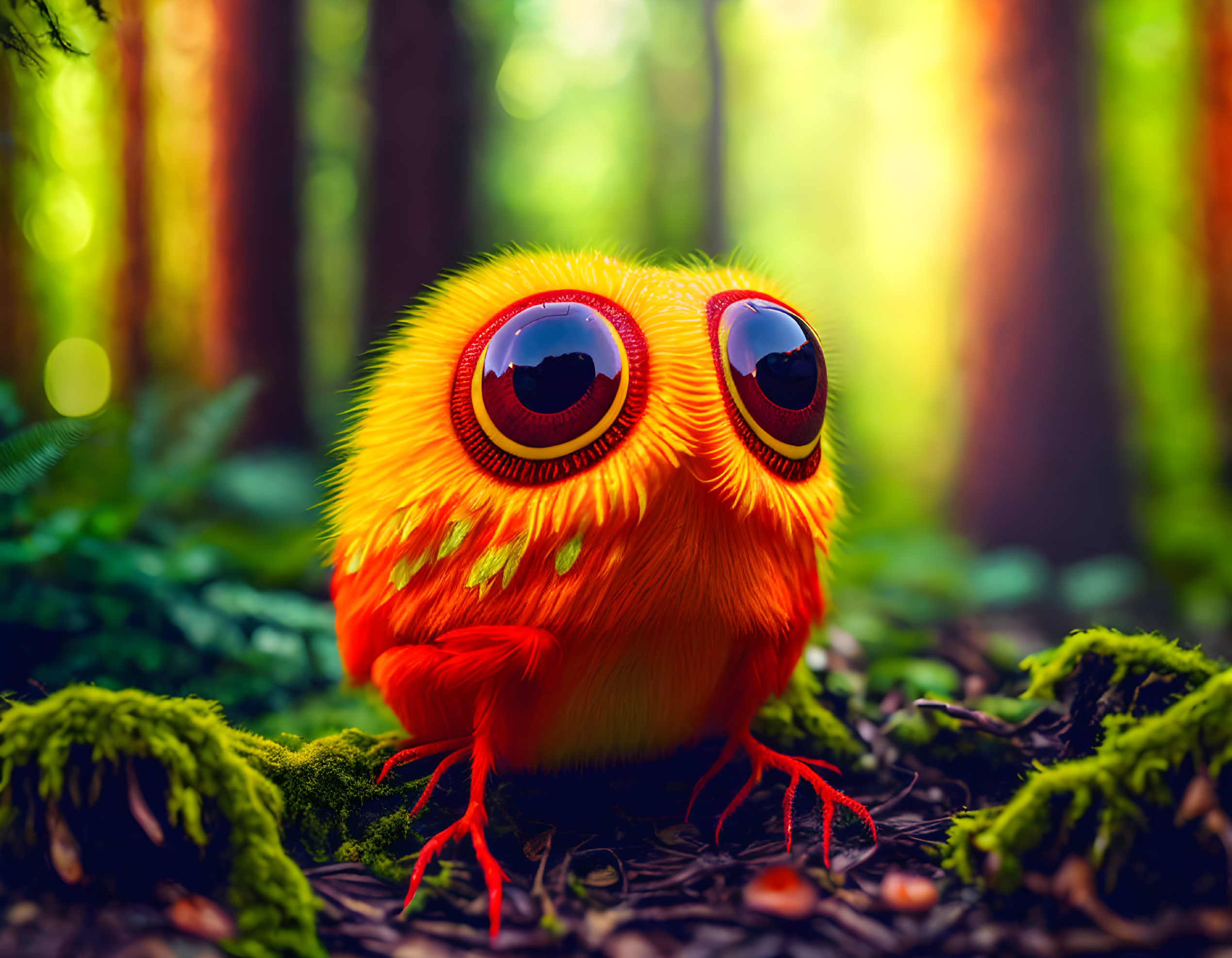 Fluffy orange creature in lush forest with expressive eyes