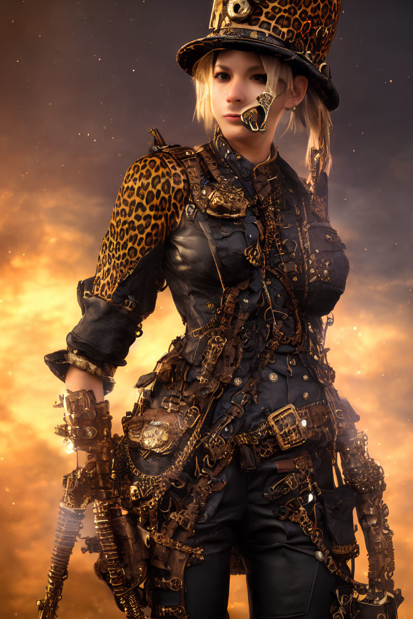 Steampunk-themed person in leopard print hat against fiery sky.