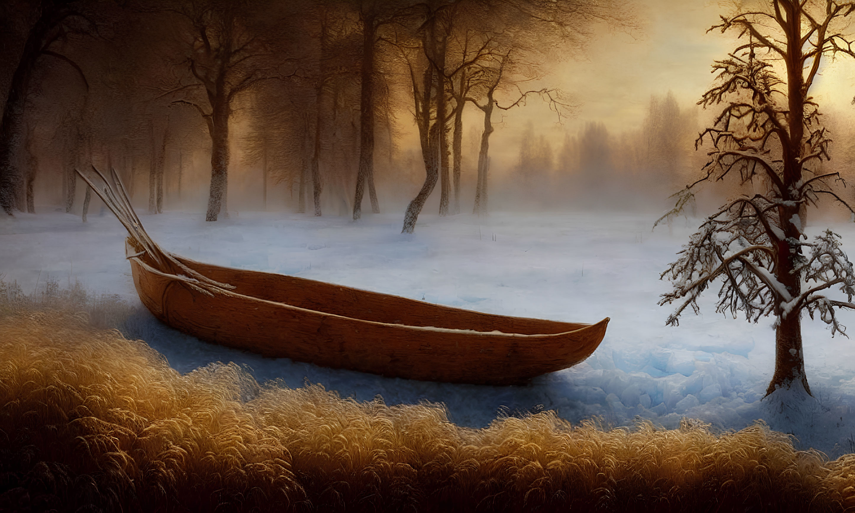 Winter Scene: Wooden Canoe in Snow-covered Landscape