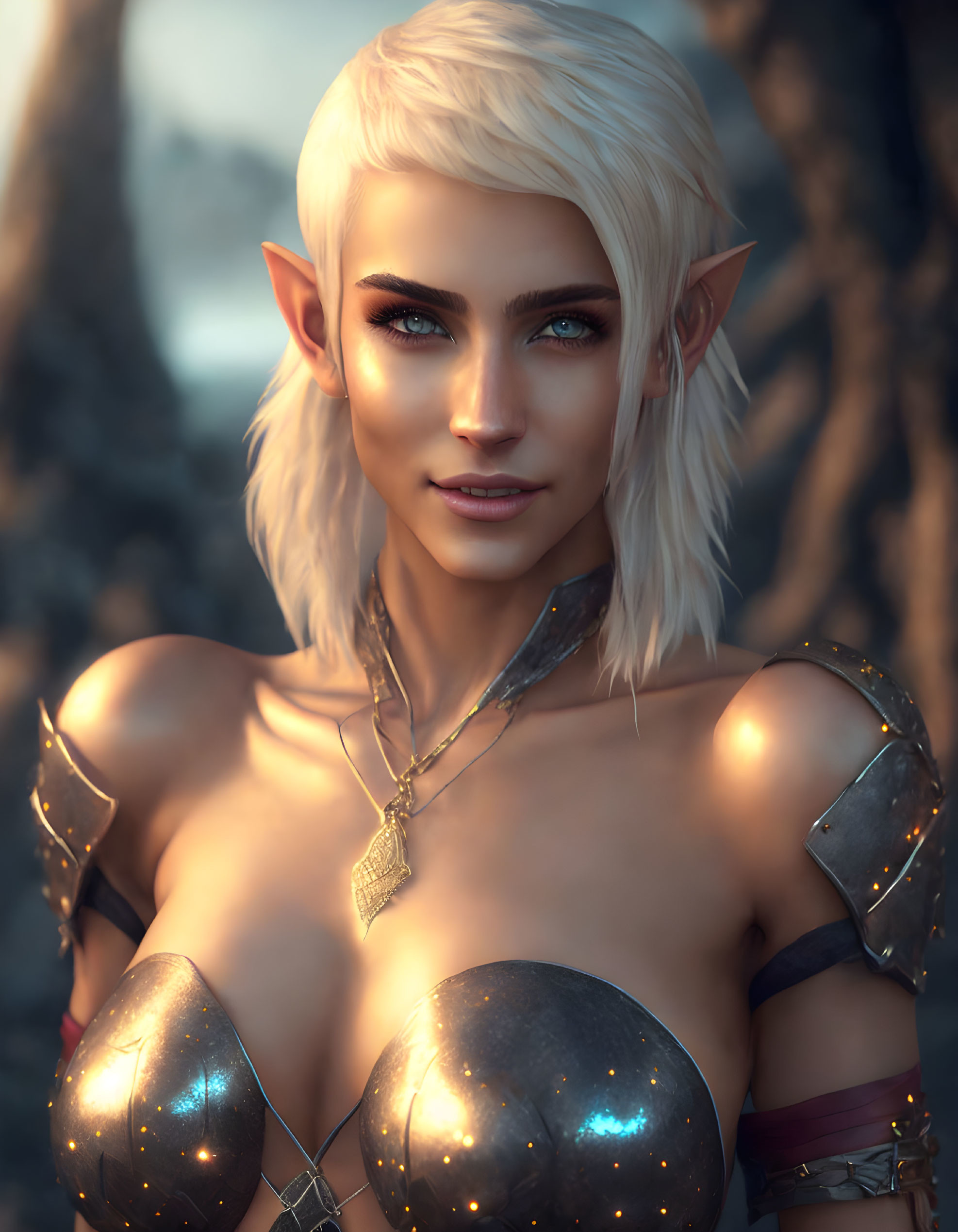 Fantasy elf digital portrait with white hair and blue eyes