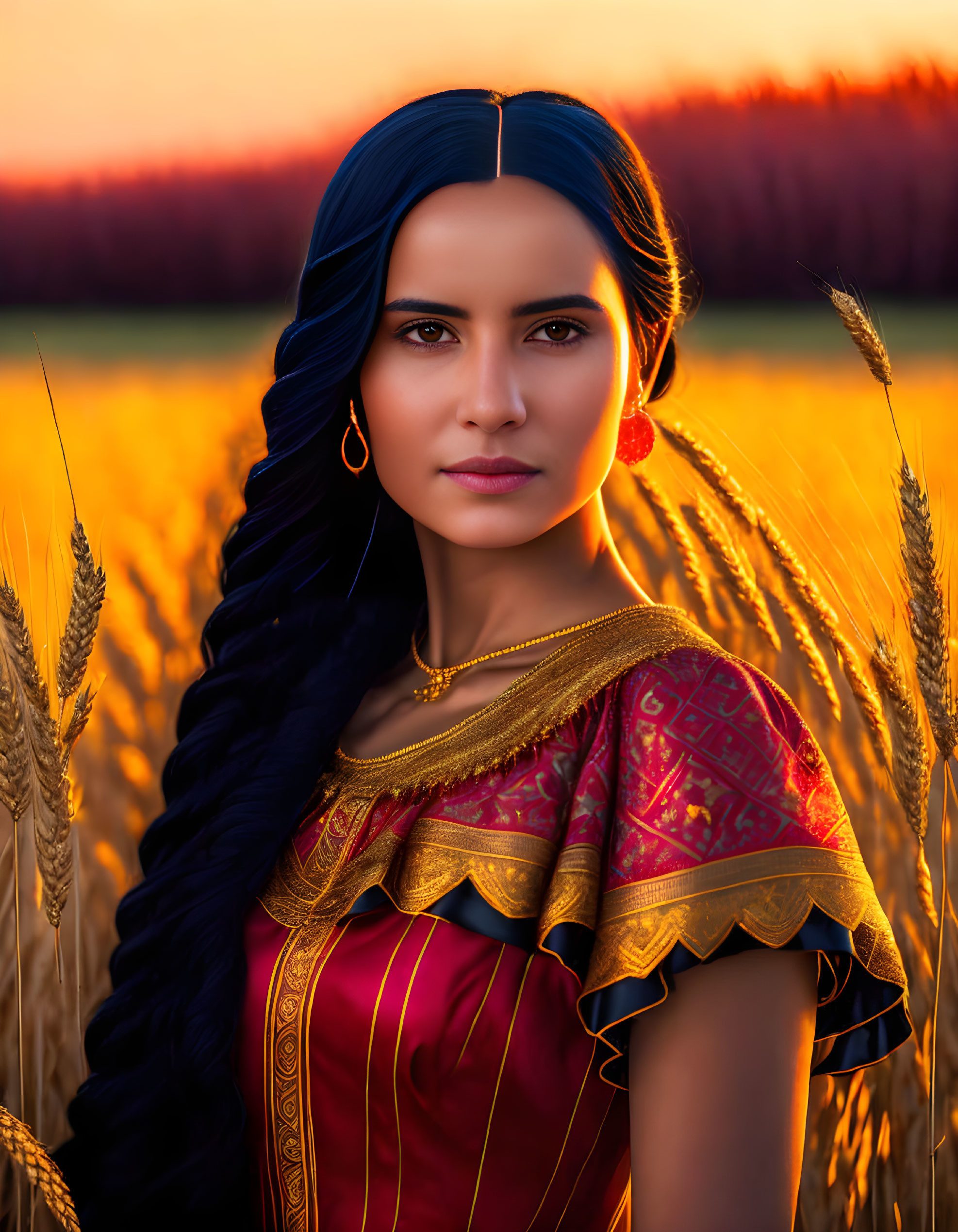 Blue-Haired Woman in Traditional Outfit in Wheat Field at Sunset