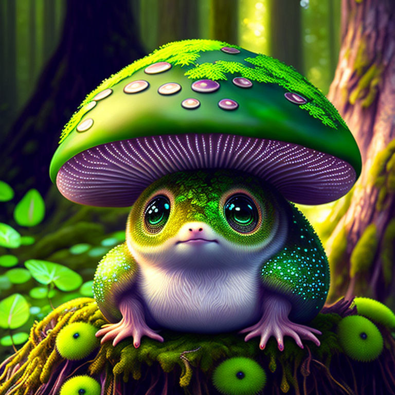 Illustration of whimsical creature with mushroom cap head in vibrant forest