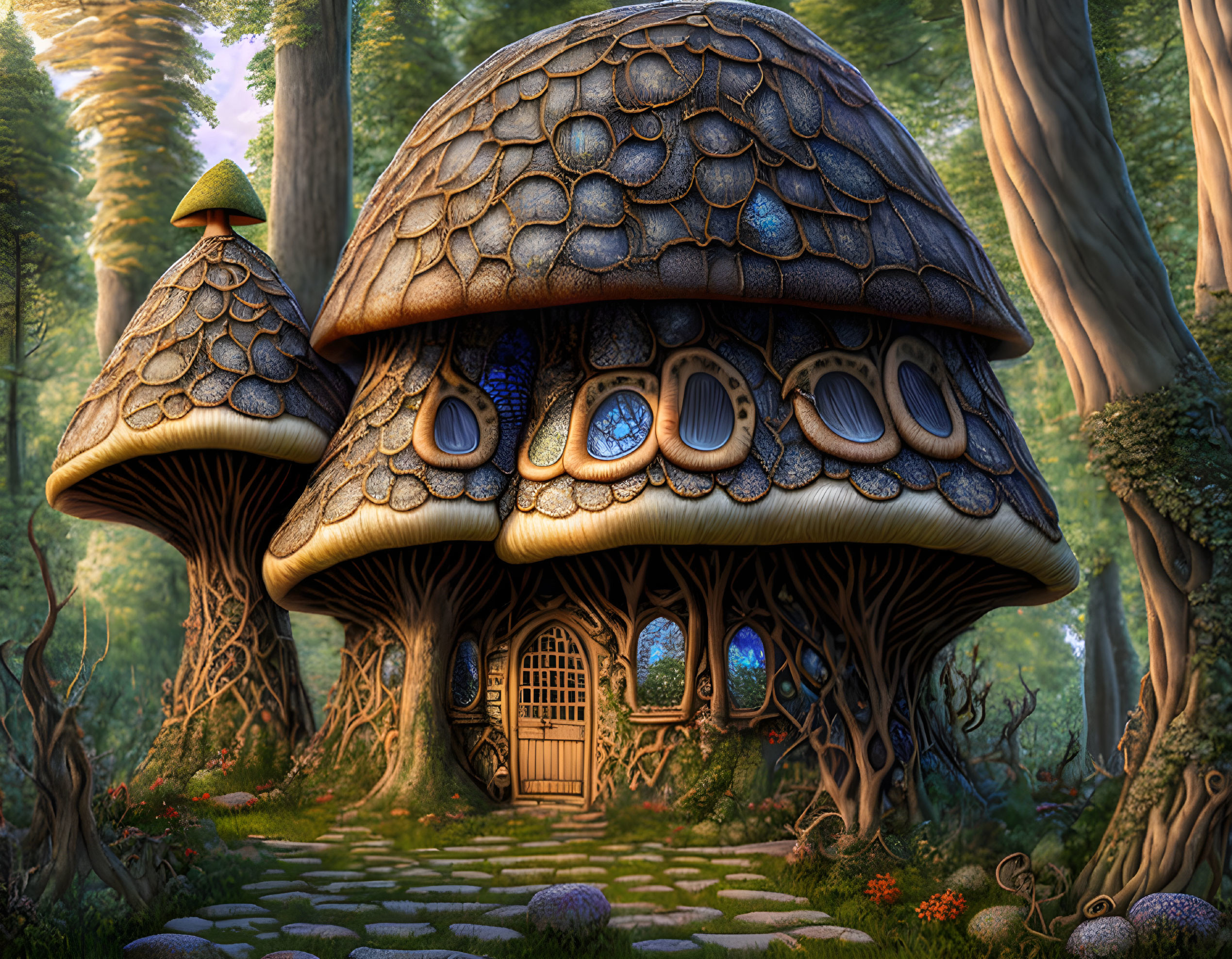 Illustration of Large Mushroom House in Forest with Cobblestone Path