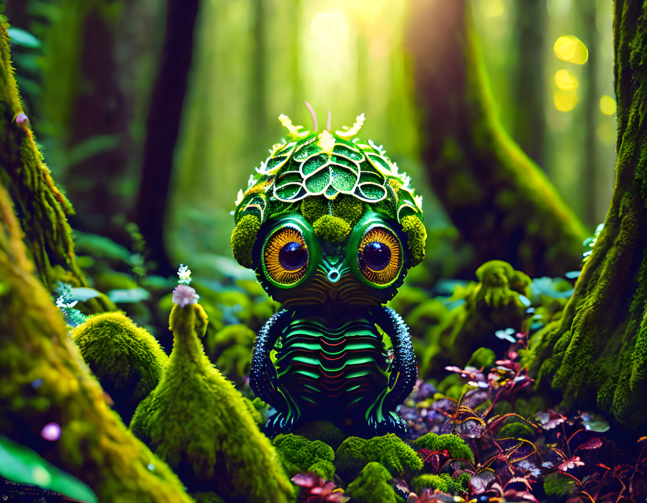 Colorful forest creature with large eyes in mossy forest landscape