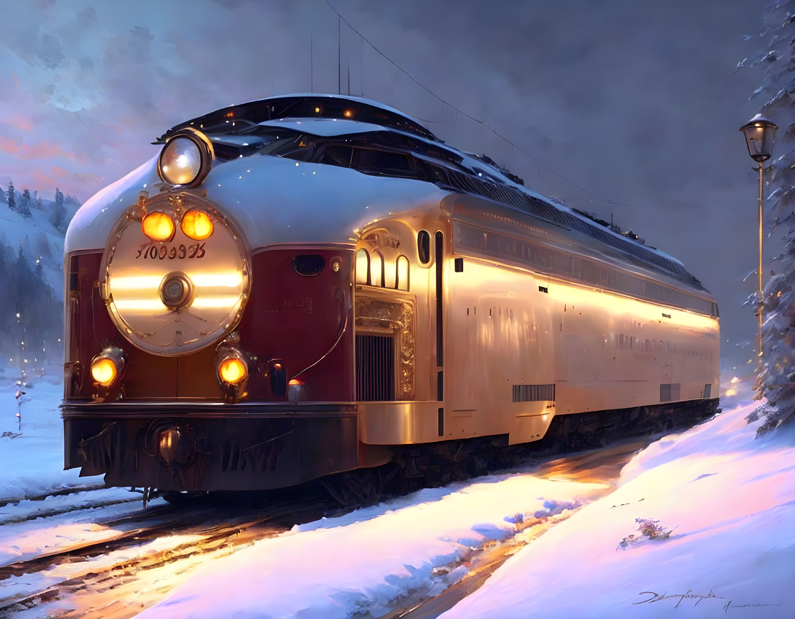 Vintage Train with Bright Headlights on Snow-Covered Tracks at Dusk