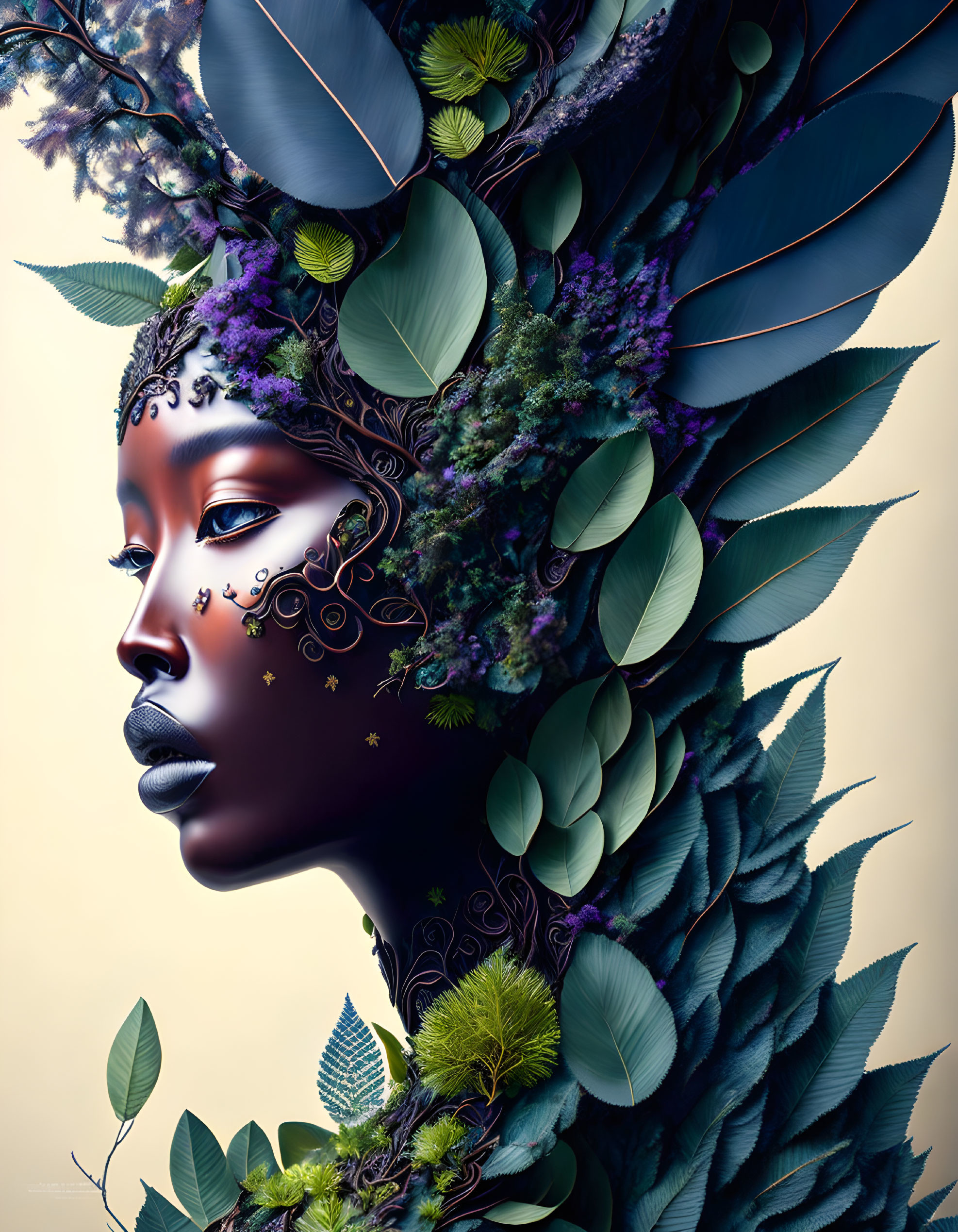 Woman's profile with green leaves and purple florals: A detailed nature-inspired artwork