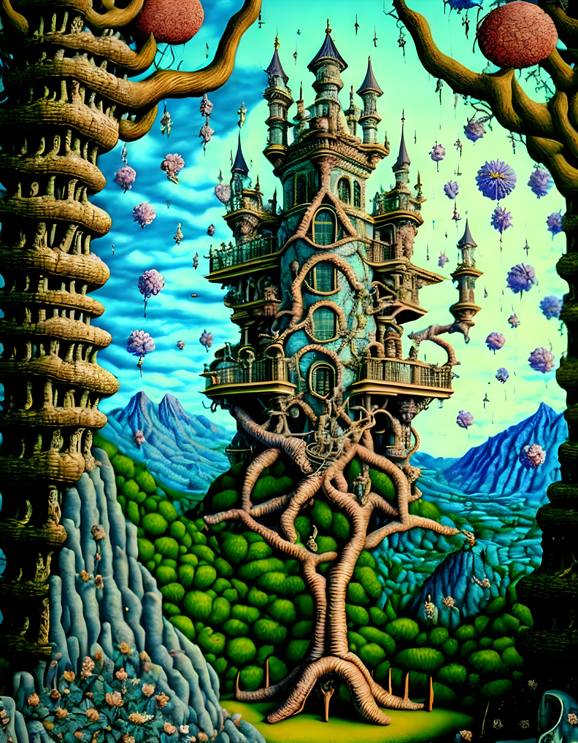 Fantasy castle on giant tree with floating islands and surreal creatures