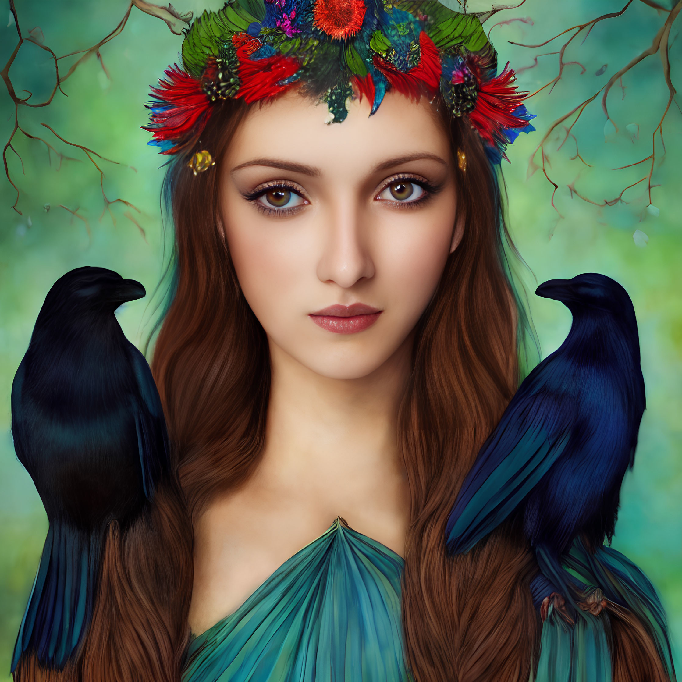 Woman with Floral Wreath, Ravens, and Mystical Green Background