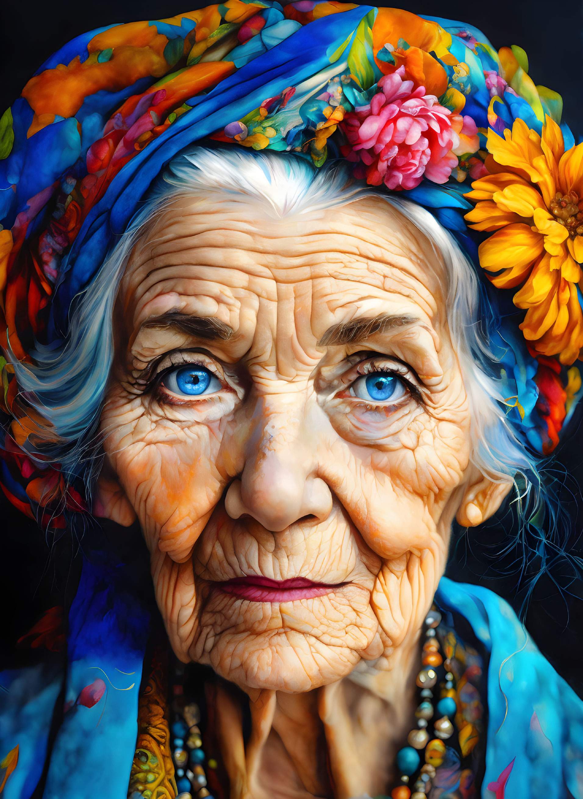 Elderly woman with blue eyes, floral headscarf, flowers, and necklaces