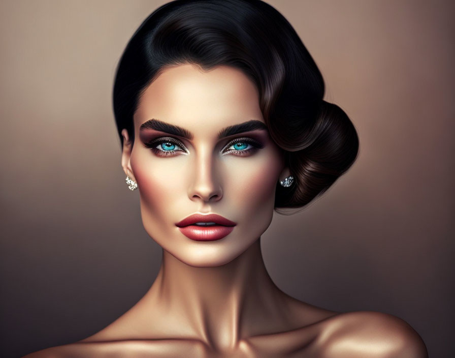 Digital portrait: Woman with blue eyes, red lips, elegant makeup, styled hair, diamond earrings on