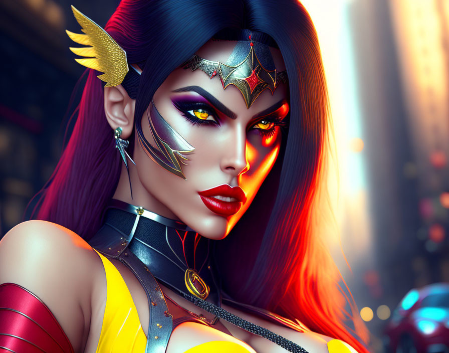 Colorful fantasy female character with red eyes and winged headpiece in cityscape backdrop