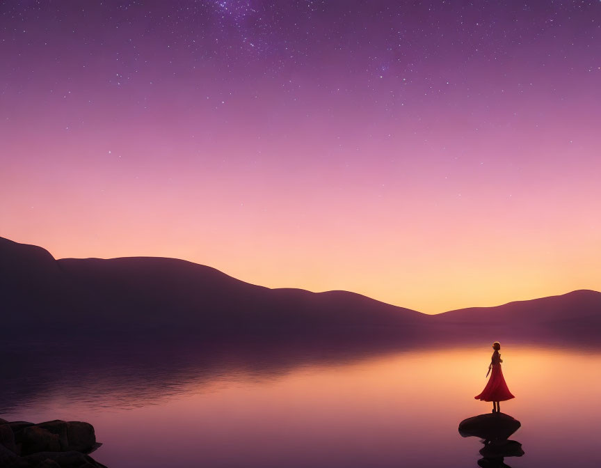 Silhouetted Figure in Red Dress by Calm Lake at Twilight