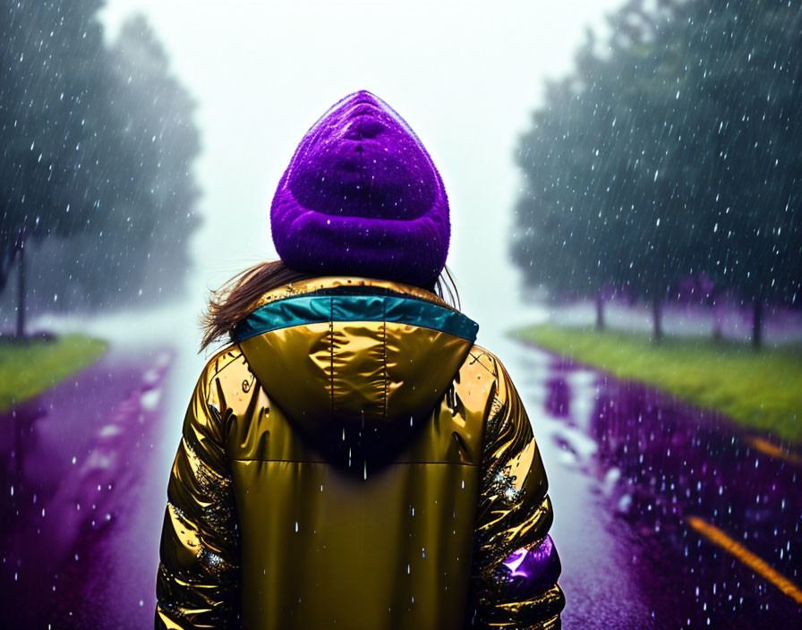 Person in yellow raincoat and purple beanie standing on wet road in the rain