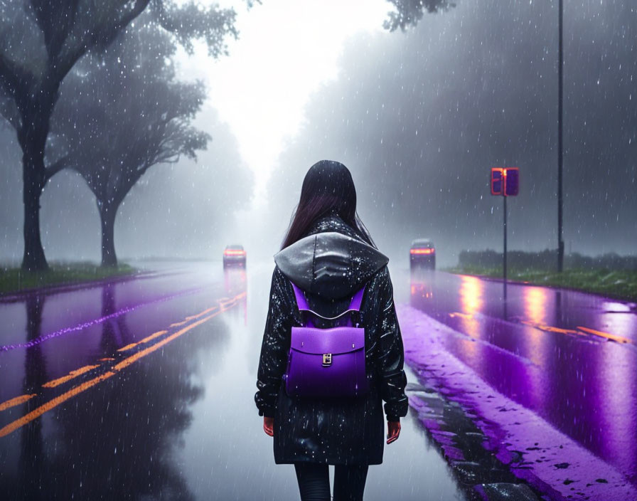 Person with purple backpack in heavy rain on wet road with trees and car lights.