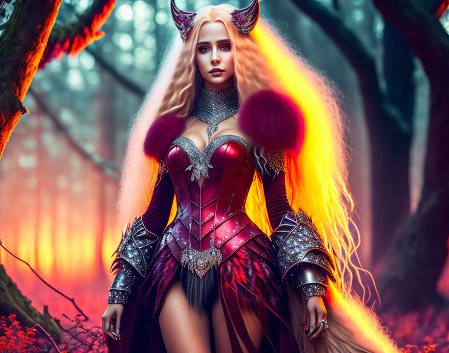 Blonde female warrior in horned headpiece and red/silver armor in enchanted forest