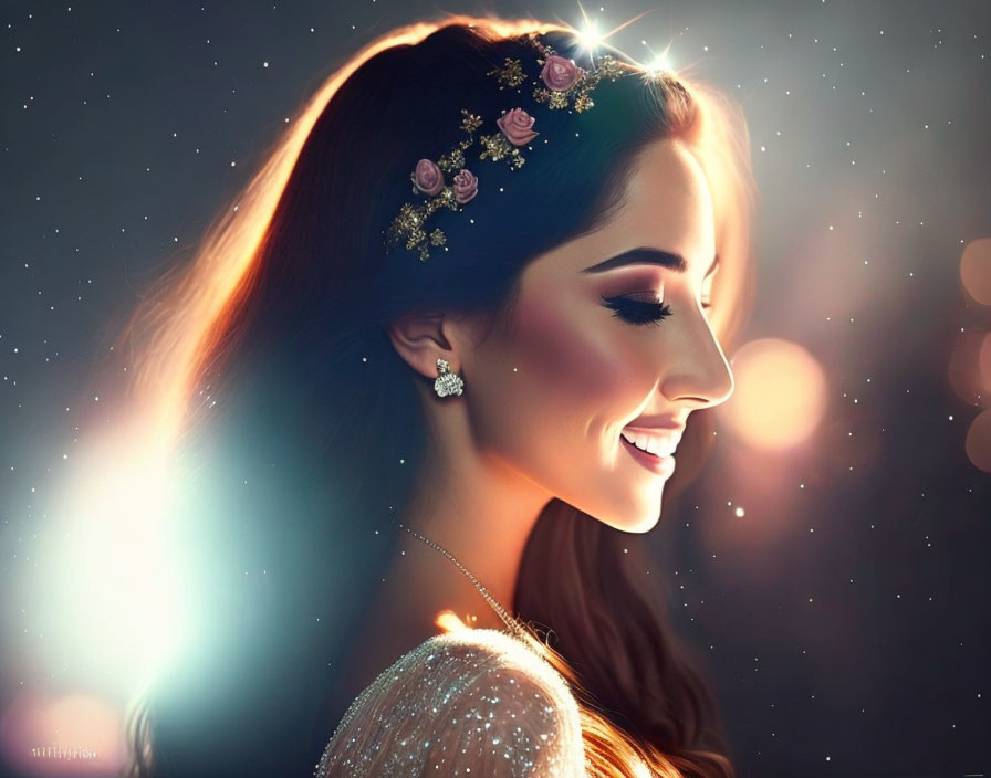 Smiling woman with floral headpiece and sparkling earrings on glittery background