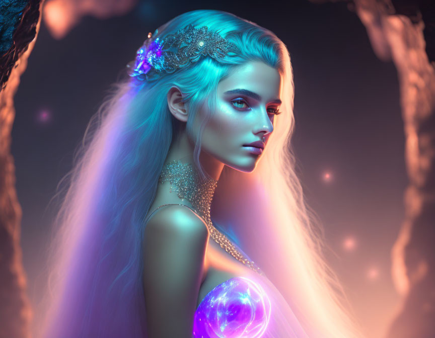 Fantastical portrait of woman with long blue hair and glowing eyes holding magical orb