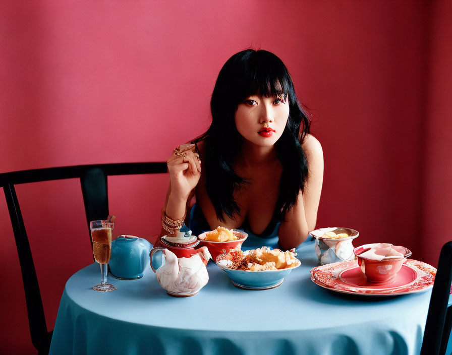 Black-haired woman seated at table with food and drink on red background