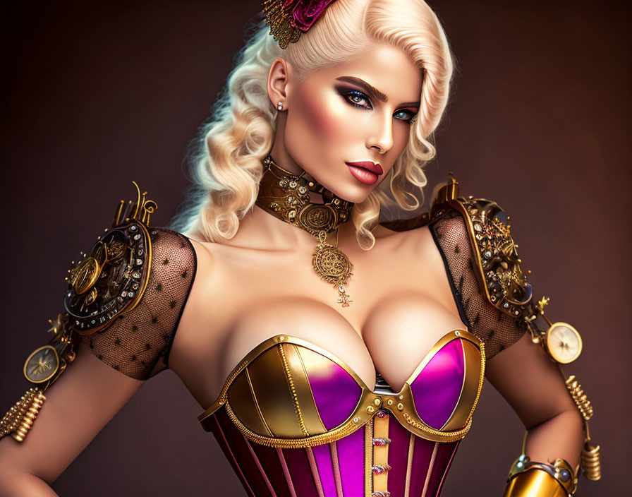 Platinum blonde woman in steampunk corset with metallic gears