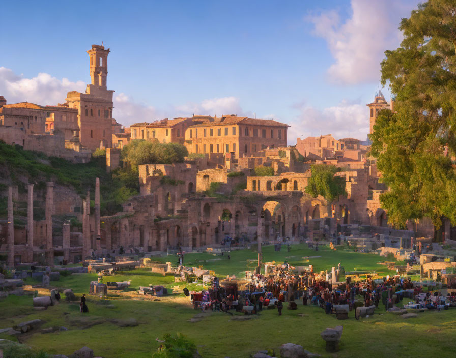 Roman Forum at Sunset: Tourists amidst ancient ruins and historical architecture